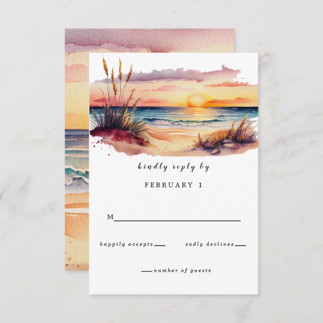 Cartão RSVP Casamento Rustic Watercolor Sunset Beach Seascape (Frente/Verso)