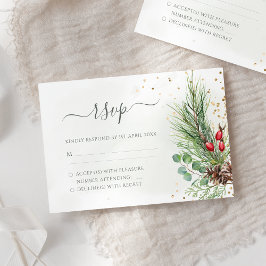 Cartão RSVP Casamento Rustic Winter Berries Pine Cone Greenery