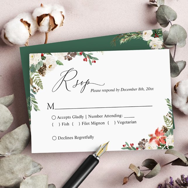 Cartão RSVP Casamento Rustic Winter Ivory Floral Cone (Criador carregado)