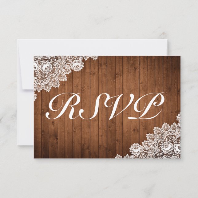 Cartão RSVP Casamento Rustic Wood & White Lace (Frente)
