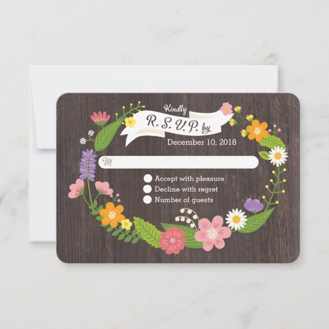 Cartão RSVP Casamento Rustic Woodland Bohemian Floral Wreath (Frente)