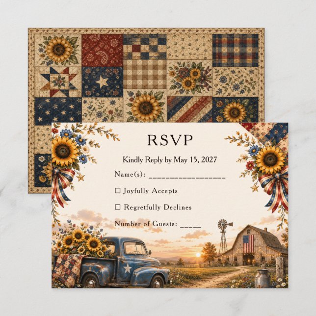 Cartão RSVP Casamento Rústico Chic Americano em Celeiro com Gi (Frente/Verso)