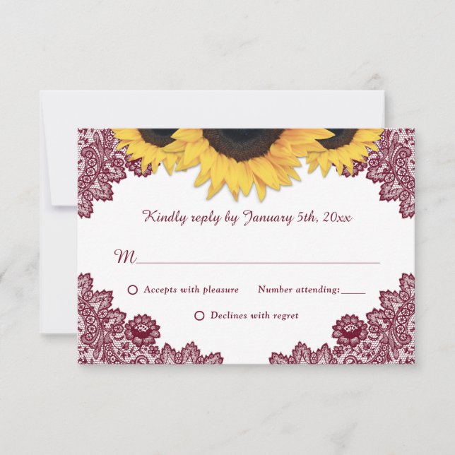 Cartão RSVP Casamento Rústico de Burgundy Chic Lace Sunflower (Frente)