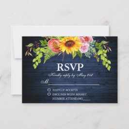 Cartão RSVP Casamento Rústico De Madeira Azul De Girassol