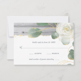 Cartão RSVP Casamento Rústico de Madeira Branca Rosa Dourada V