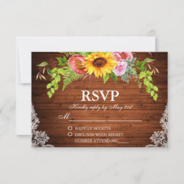 Cartão RSVP Casamento Rústico de Madeira Floral de Girassol