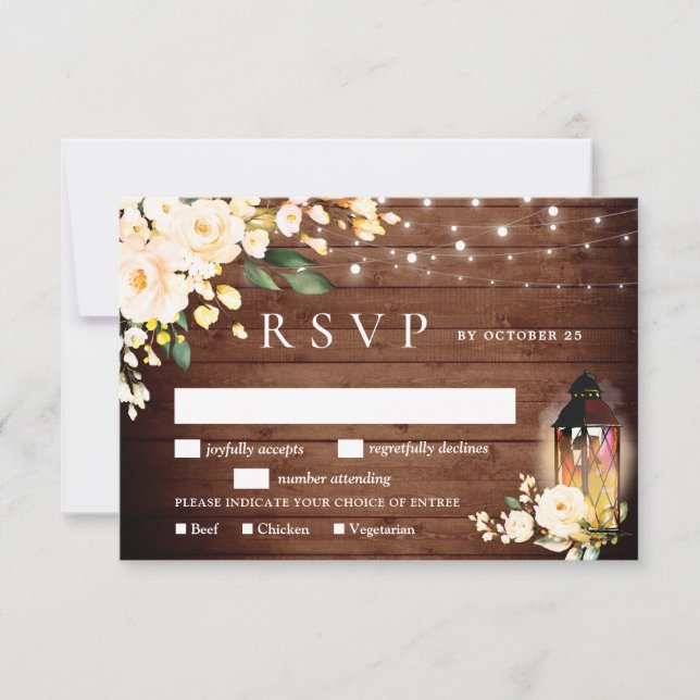 Cartão RSVP Casamento Rústico de Madeira Rosas Lanterna (Frente)