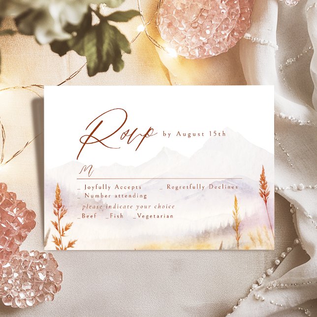 Cartão RSVP Casamento Rústico de Montanha com Flor Silvestre e (Fall Watercolor Wildflower Mountain Rustic Wedding RSVP Card)