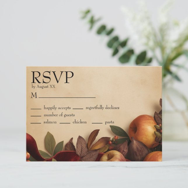 Cartão RSVP Casamento Rústico de Outono com Maçãs e Figos (Em pé/Frente)