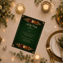 Cartão RSVP Casamento Rústico de Outono com Verde Floresta