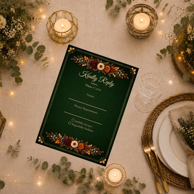 Cartão RSVP Casamento Rústico de Outono com Verde Floresta (Criador carregado)