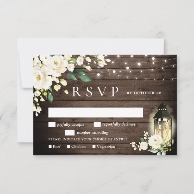 Cartão RSVP Casamento Rústico de Rosas Brancas Lanterna (Frente)