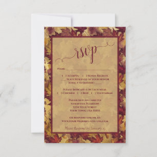 Cartão RSVP Casamento Rústico em Borgonha e Dourado com Folhas