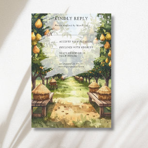 Cartão RSVP Casamento Rústico em Pomar de Peras no Campo