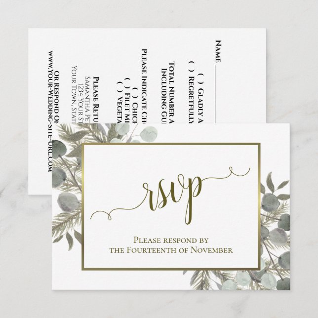 Cartão RSVP Casamento Rústico em Verde Sage com Eucalipto e Pi (Frente/Verso)
