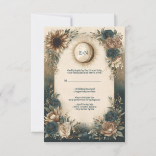 Cartão RSVP Casamento Rústico Floral Boho Sol Lua Celestial