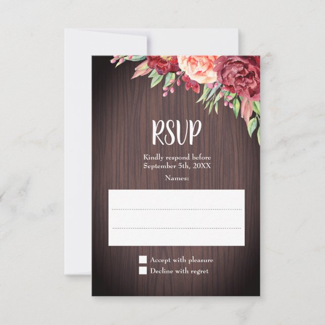 Cartão RSVP Casamento Rústico Floral em Borgonha com Aquarela (Frente)