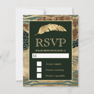 Cartão RSVP Casamento Safári Verde e Dourado com Brilho em Ága