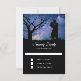 Cartão RSVP Casamento Silhueta de Casal Romântico Galáxia Azul
