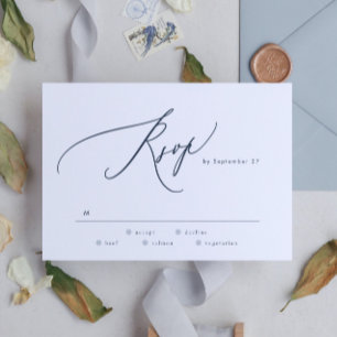 Cartão RSVP Casamento Simples Branco Azul do Marinho Moderno