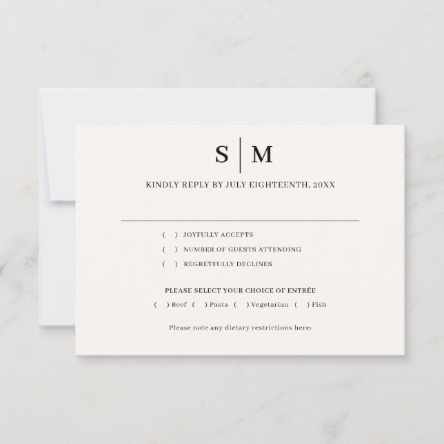 Cartão RSVP Casamento Simples Branco Marfim Monograma Clássico (Frente)