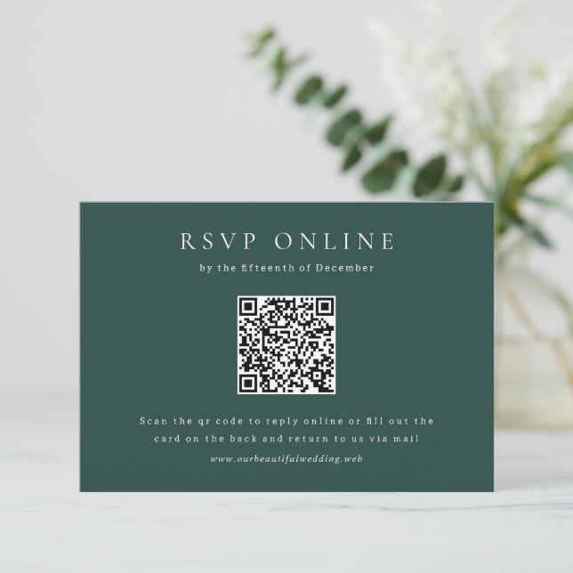 Cartão RSVP Casamento Simples Código QR Esmeralda Clássico (Em pé/Frente)