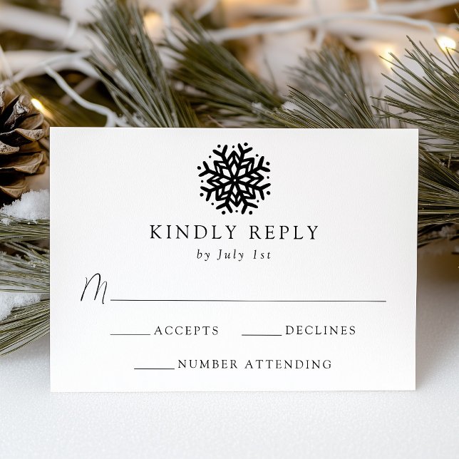 Cartão RSVP Casamento Simples com Floco de Neve Preto (Criador carregado)