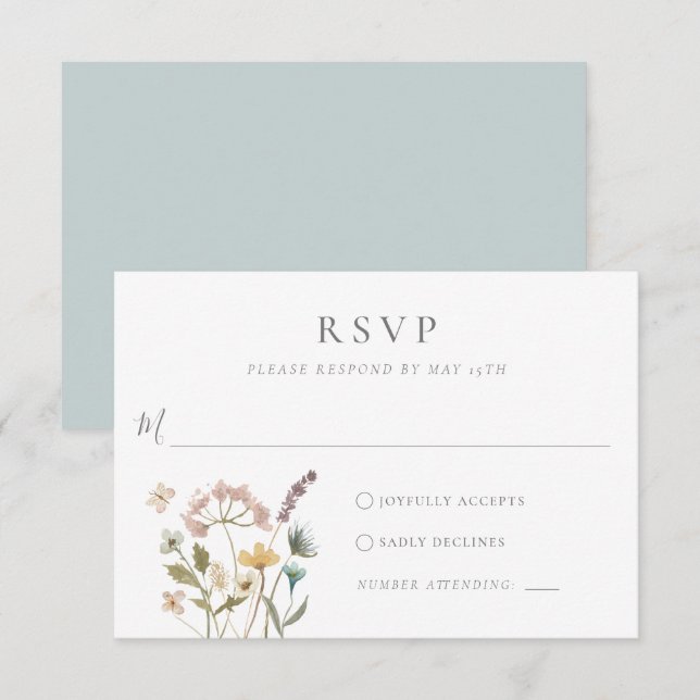Cartão RSVP Casamento Simples com Flores Prensadas em Aquarela (Frente/Verso)