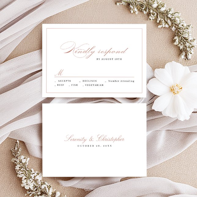 Cartão RSVP Casamento Simples com Script de Elegância Clássica (Rose gold Classic Elegance Script Simple wedding RSVP Card)