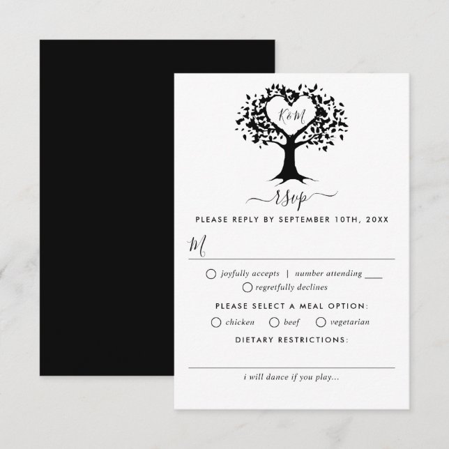 Cartão RSVP Casamento Simples de Árvores do Coração em Monogra (Frente/Verso)