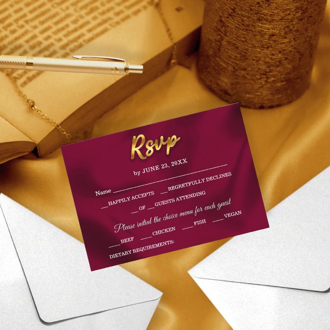 Cartão RSVP Casamento Simples de Borgonha e Dourado de Script  (Criador carregado)