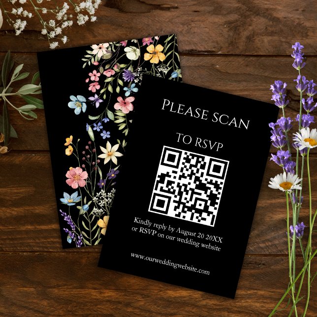 Cartão RSVP Casamento Simples de Código QR Moderno Floral e RS (Criador carregado)
