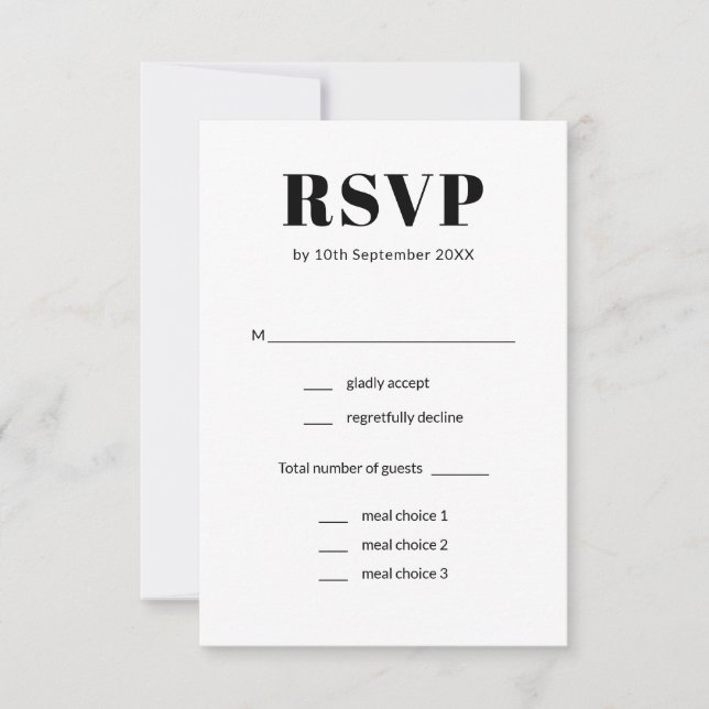 Cartão RSVP Casamento Simples de Escolha de Refeições Pretas e (Frente)