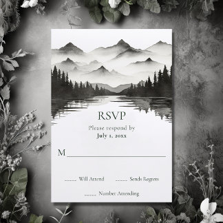 Cartão RSVP Casamento Simples de Lago Black and White Mountain
