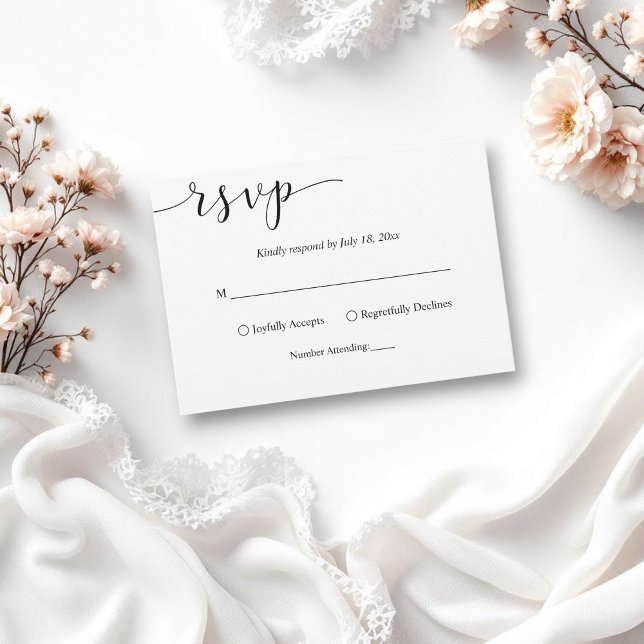Cartão RSVP Casamento Simples de Script Branco e Preto Delicad (Criador carregado)