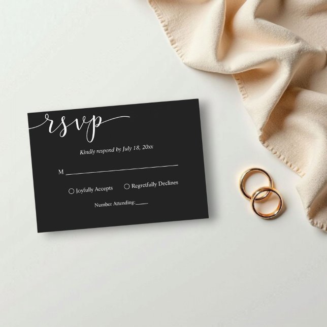 Cartão RSVP Casamento Simples de Script Branco e Preto Delicad (Criador carregado)
