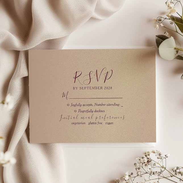 Cartão RSVP Casamento Simples de Script Burgundy (Criador carregado)