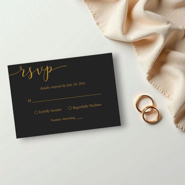 Cartão RSVP Casamento Simples de Script Delicado Preto e Doura (Criador carregado)