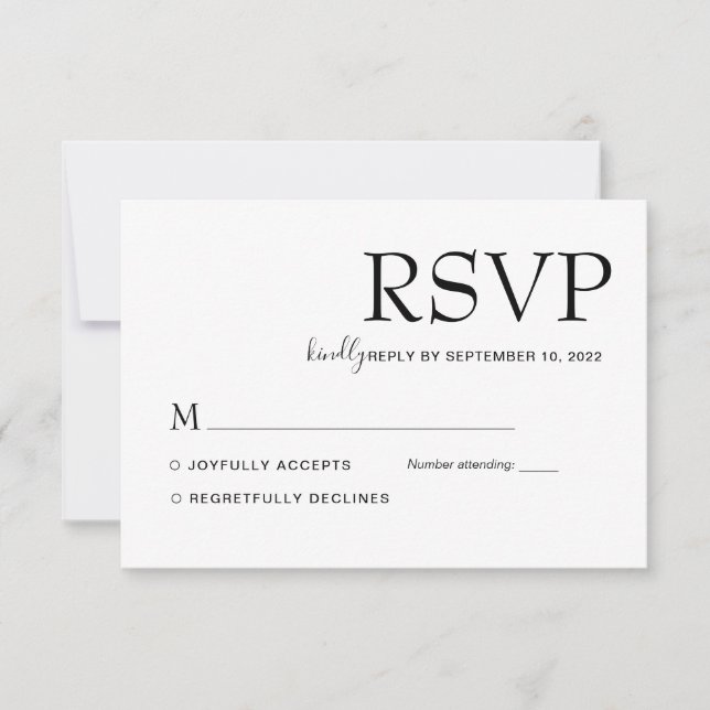Cartão RSVP Casamento Simples e Clássico Negro e Branco (Frente)