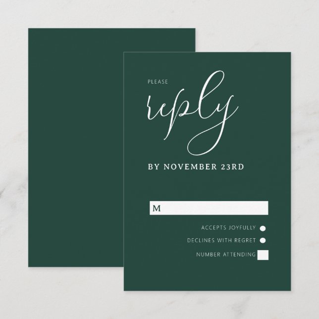 Cartão RSVP Casamento Simples e Verde Moderno Emerald (Frente/Verso)