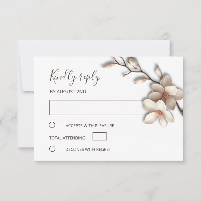 Cartão RSVP Casamento Simples Magnólia Marfim 3D (Frente)
