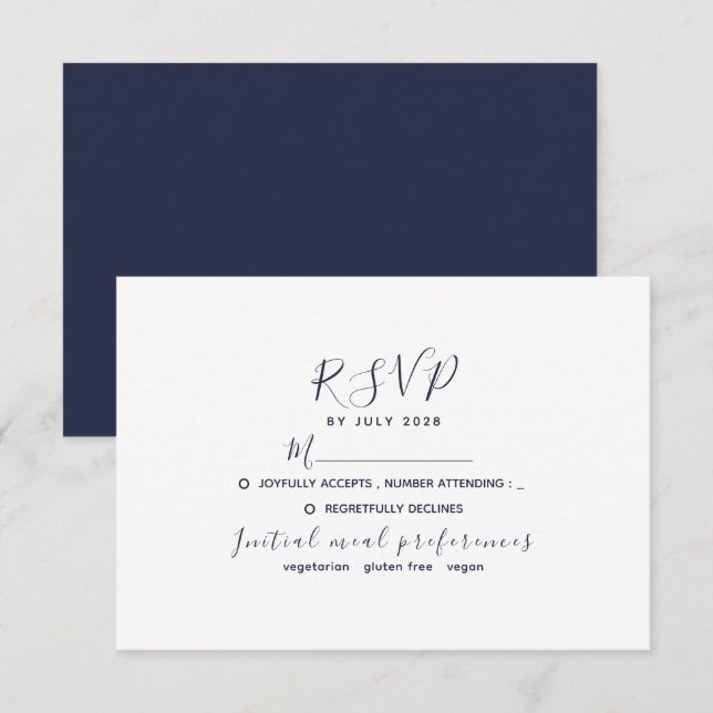 Cartão RSVP Casamento Simples Moderno Azul Marinho (Frente/Verso)