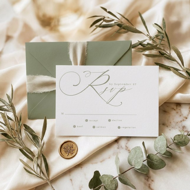 Cartão RSVP Casamento Simples Moderno em Verde e Branco (Criador carregado)
