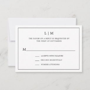 Cartão RSVP Casamento Simples Monograma Preto e Branco