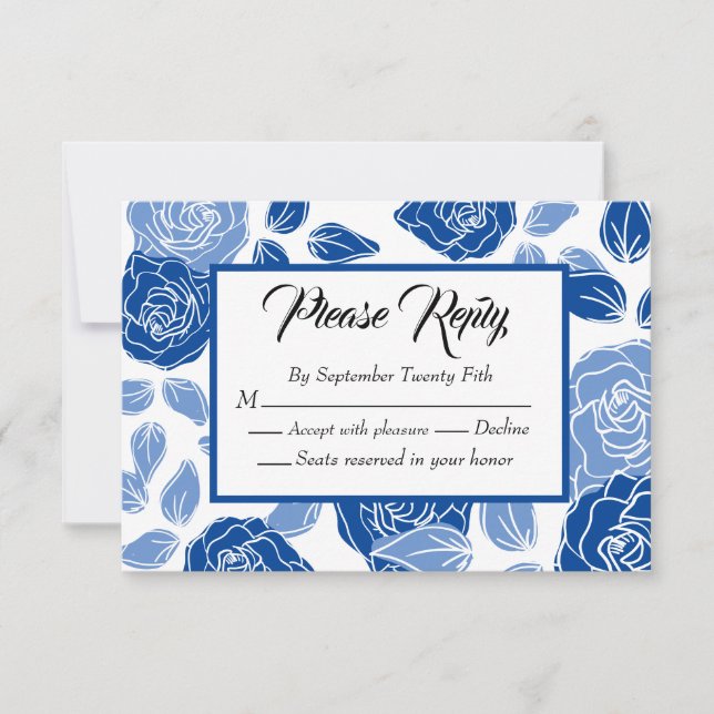 Cartão RSVP Casamento Simples Na moda Rosa Floral Azul (Frente)