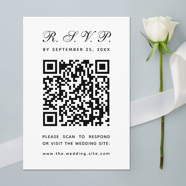 Cartão RSVP Casamento Simples Preto e Branco com Código QR Min (Criador carregado)