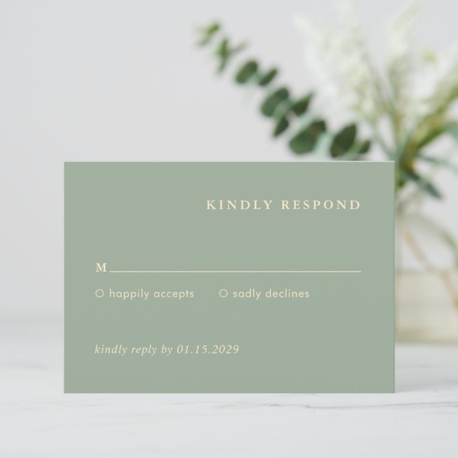 Cartão RSVP Casamento Simples Verde Sage Moderno (Em pé/Frente)