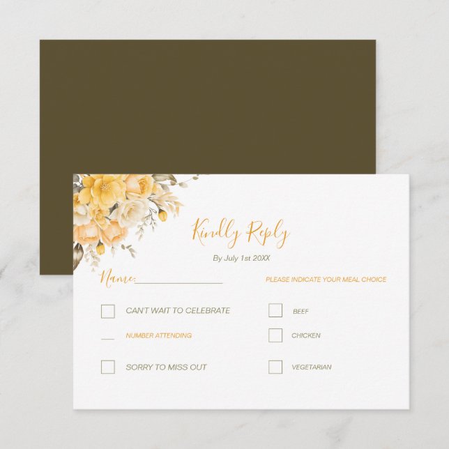 Cartão RSVP Casamento Sofisticado com Rosas Amarelas e Marfim (Frente/Verso)