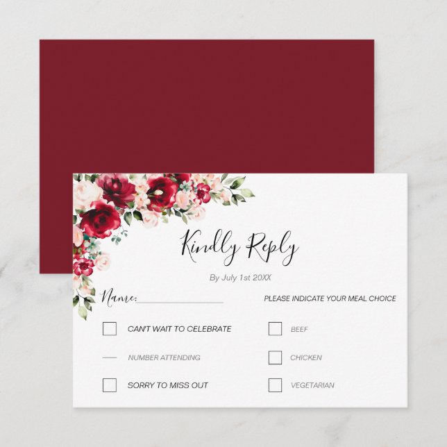Cartão RSVP Casamento Sofisticado com Rosas Vermelhas e Bege R (Frente/Verso)