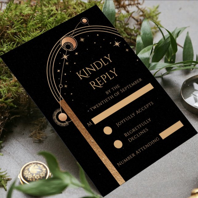 Cartão RSVP Casamento Sol Lua Estrelas Ouro Preto (Criador carregado)